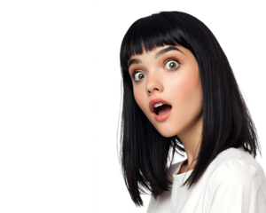 funny image of a beautiful young brunette woman looking amazed with her mouth open, woman with shocked and surprised expression, isolated on transparent background png
