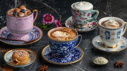Fototapeta premium Hot Beverages: Treat yourself to hot chocolate, spiced lattes, or herbal teas as you enjoy the rainy weather, embracing warmth and comfort with every sip. 