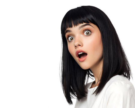 funny image of a beautiful young brunette woman looking amazed with her mouth open, woman with shocked and surprised expression, isolated on transparent background png
