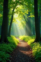Obraz premium Sunlight dappled forest path, dew-kissed leaves, scenery, landscape