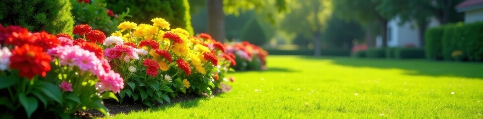 Sun-drenched flowerbeds overflow with color; a pristine lawn provides a calming contrast , foliage, outdoor