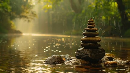 Obraz premium Mindfulness Meditation: Meditate with the soothing sound of rain, allowing the peaceful atmosphere to help you practice mindfulness and unwind your mind. 