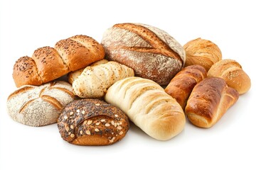 Fototapeta premium Various Freshly Baked Loaves of Bread Arranged on a White Background