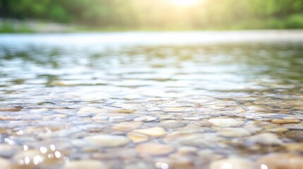 Fototapeta premium Sunlight filters through the tranquil waters of a flowing river, revealing smooth pebbles below and creating a shimmering reflection that enhances serenity