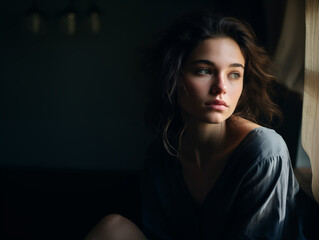 Contemplative Female Portrait with Moody Lighting and Depth