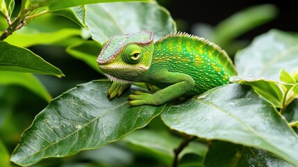 Obraz premium Vibrant chameleon resting on lush green leaf in tropical forest showcasing nature close up and exotic wildlife