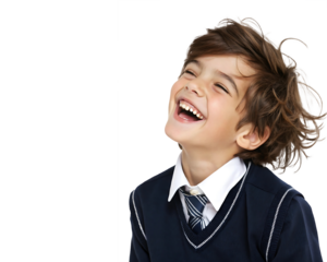 A cheerful child , laughing with an open mouth, captured in a portrait on a transparent background