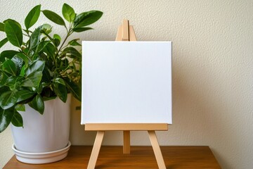 Aesthetic blank canvas on easel with lush green plant on wooden table against textured backdrop indoors