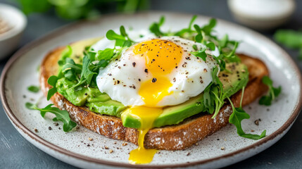 Freshly sliced avocado toast with poached egg and microgreens