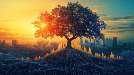 Silhouette of a Large Tree at Sunset Over a Cityscape