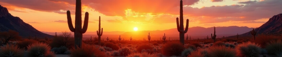 Fototapeta premium Symmetrical Sonoran Desert sunrise, towering saguaro cacti, wide ratio , wide ratio, sun