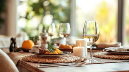Fototapeta premium Elegant table setting with wine glass, candle, and gourmet food, creating a warm and inviting ambiance for a special occasion or intimate gathering