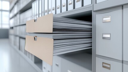 Organized office filing system with open drawers showcasing efficient document management in a modern workspace.