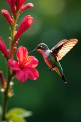 Naklejka premium Hummingbird feeding, blurred wings, red flower detail , soft, motion