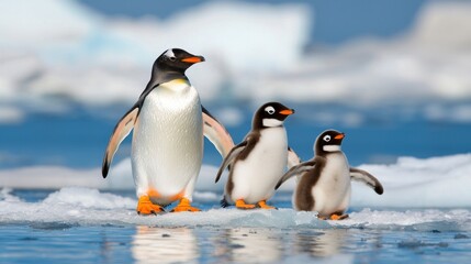 Fototapeta premium Adorable gentoo penguin family standing together on ice floe in antarctica polar region with blue sky