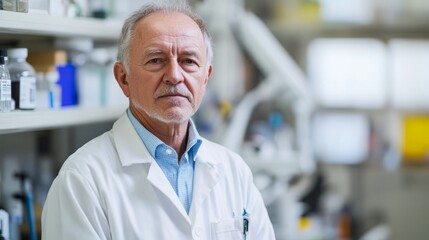 Fototapeta premium Senior researcher in lab coat, focused and thoughtful, embodying dedication to scientific discovery. 