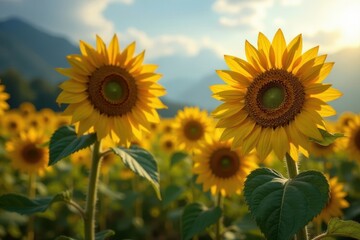 Vibrant sunflower in rusty can against stunning natural vista, rustic, environment, trash