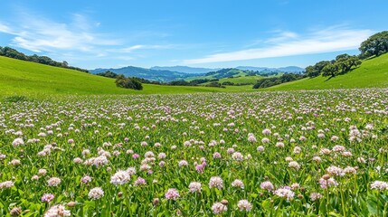 Fototapeta premium Serene meadow of clover blossoms under a bright blue sky with rolling green hills and distant mountains