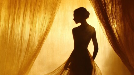 Silhouette of elegant woman in flowing dress bathed in golden light against draped fabric backdrop artistic portrait