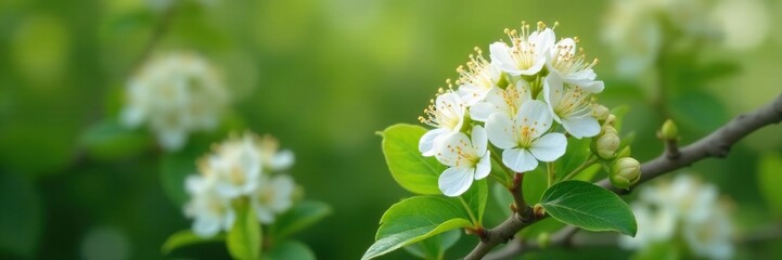 Fragrant white flowers blooming on a woody shrub stem, botanical, ledum, flowers