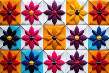 Vibrant floral pattern with geometric tile background offering a blend of modern art and stylized floral abstraction