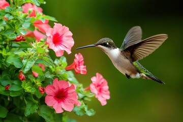 Obraz premium Hummingbird in flight approaching vibrant pink hibiscus blooms in a lush green garden setting with soft natural light and shallow depth of field