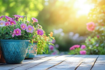 Vibrant pink petunias in a teal pot, sunny garden backdrop. Perfect for spring, summer, or gardening themes, evokes peace and tranquility.
