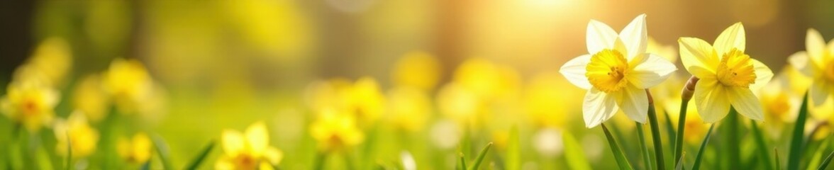 Fototapeta premium White & yellow daffodil banner, spring meadow, warm sunlight , botanical, day, closeup