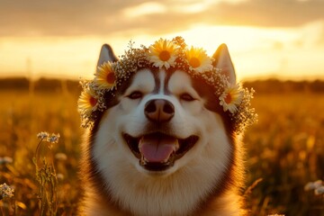 Vacation time happiness. Cute baby dog alaskan malamute wearing fierce flower circlet on its head....