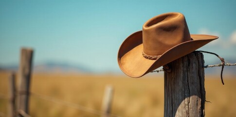 Worn cowboy hat hangs on weathered fence post , Southwest, Arizona, spring