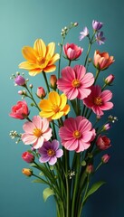Whimsical spring flower bouquet, vibrant colors, stems, artwork, yellow