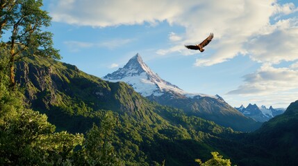 Obraz premium Majestic eagle soars above snow capped mountain peaks amidst lush green valley under a serene sky