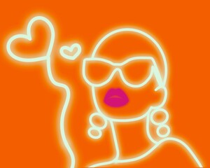 The image features a neon-style outline of a woman with sunglasses, bold pink lips, hoop earrings, and floating hearts on an orange background.