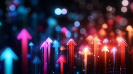 Colorful arrows in shades of red, blue, and green ascend within a high-tech backdrop, representing innovation and forward movement in a digital business environment