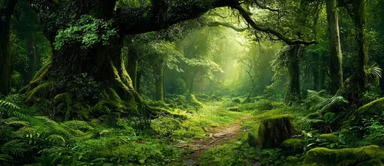 Photo sur Plexiglas Discover the awe-inspiring beauty of an enchanted forest fantasy through this artwork.