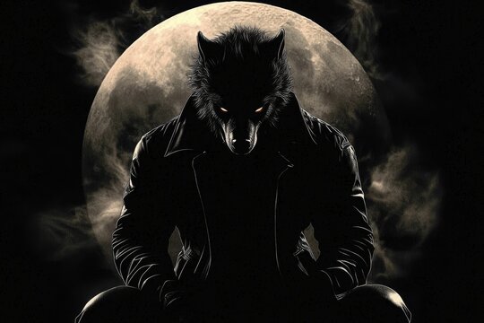 The wolf man emerges from the shadows, illuminated by moonlight. 