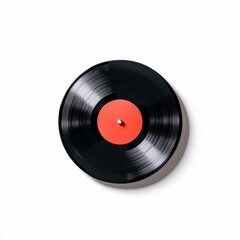 Obraz premium A classic vinyl record with a red center on a clean white background, symbolizing vintage music and nostalgia.