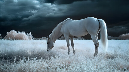 grazing in a field of infrared grass, with a darkened sky creating a high-contrast effect 