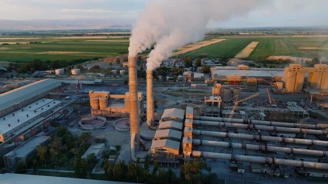 aerial view of two smoking pipes of soviet concrete factory at summer sunset