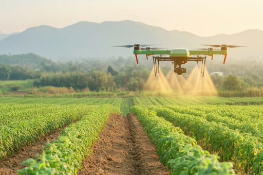 Innovative agricultural drone spraying crops, enhancing farming productivity with advanced technology in sustainable agriculture and precision farming techniques.
