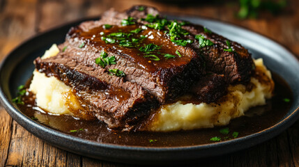 Slow-cooked beef brisket with caramelized crust, served with mashed potatoes and gravy