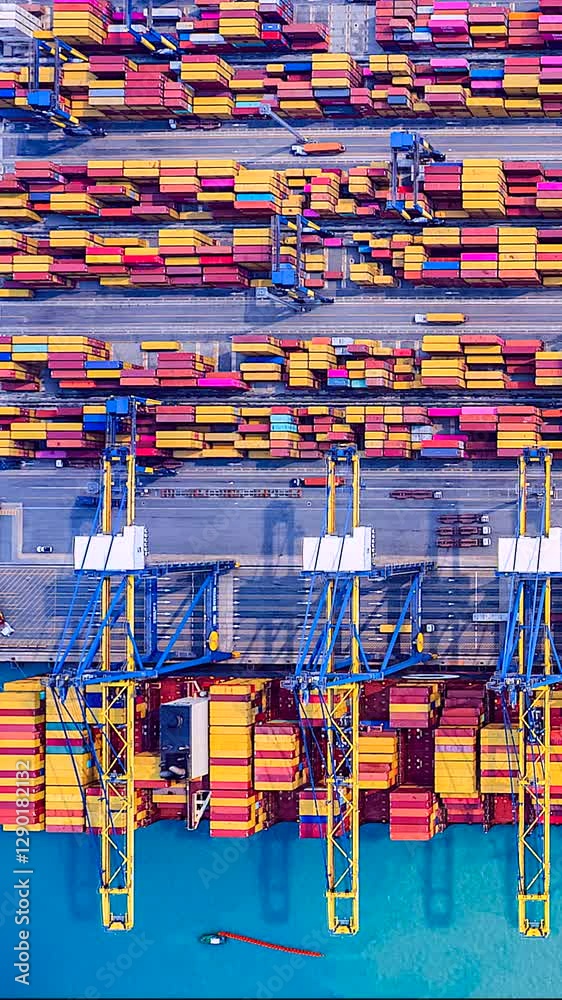 Fototapete time lapse of cranes loading and unloading containers from a cargo ship at a deep-sea port. vertical