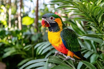 Obraz premium Vibrant jandaya parakeet perched among lush foliage a tropical avian portrait showcasing vivid plumage and captivating gaze in natural habitat