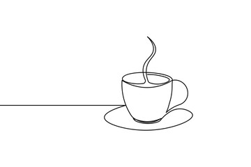 Coffee cup one line drawing and tree minimalist style isolate outline vector illustration