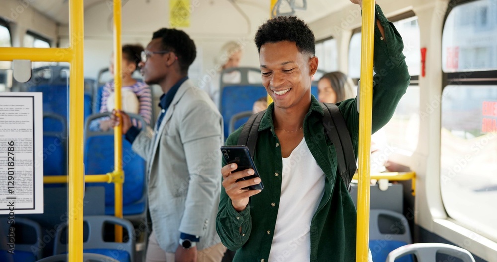 Poster bus, people and man with smartphone, travel and communication with social media. public transport, m