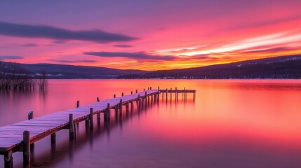 Wooden Pier Extends Over Calm Water Beneath a Colorful Sunset Sky
