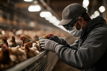 Poultry expert inspects chickens in a modern farm facility, ensuring optimal health and productivity for sustainable egg production.