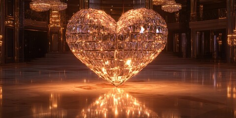 A heart-shaped crystal chandelier, each crystal prism shimmering with reflections of pink and gold light. 