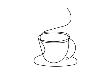 Coffee cup one line drawing and tree minimalist style isolate outline vector illustration