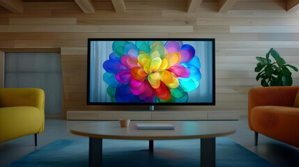 Modern living room with large TV showing colorful abstract art